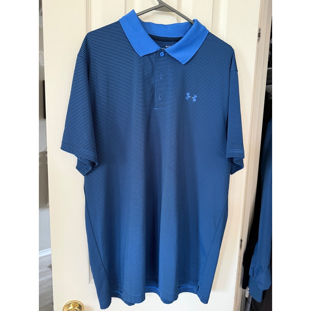 Under Armour HeatGear Mens XL Polo Shirt Blue Striped Short Sleeve Golf Top